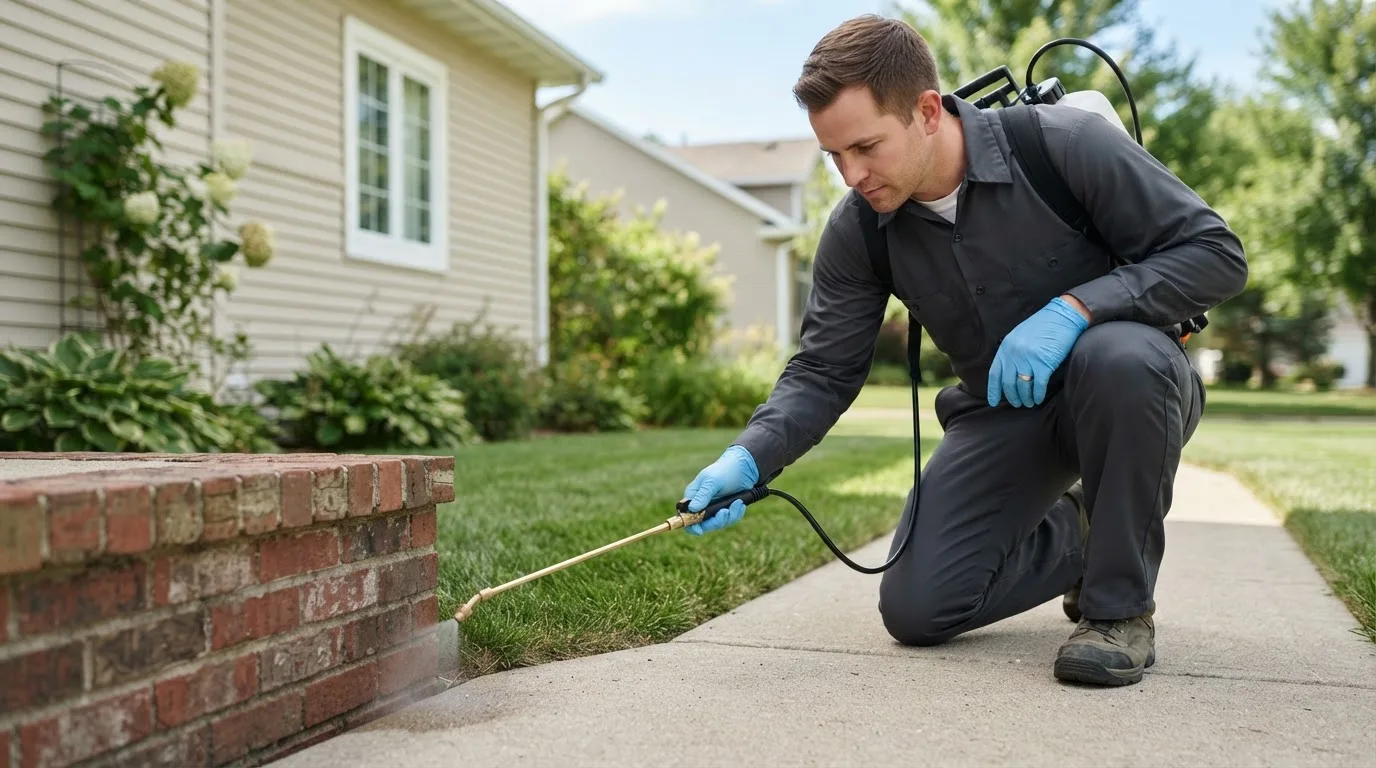 Pest control technician treating a home near Tewksbury, MA
