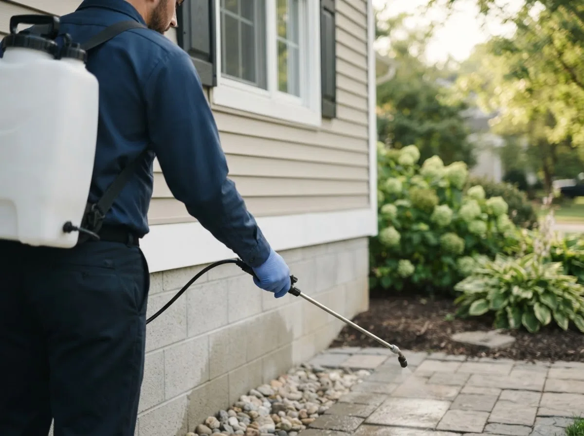 Pest control technician inspecting a home in Tewksbury, MA